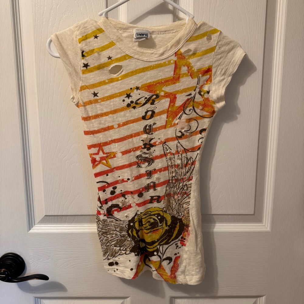 Y2K‎ Vintage Distressed Graphic Shirt Small Rockstar AOP